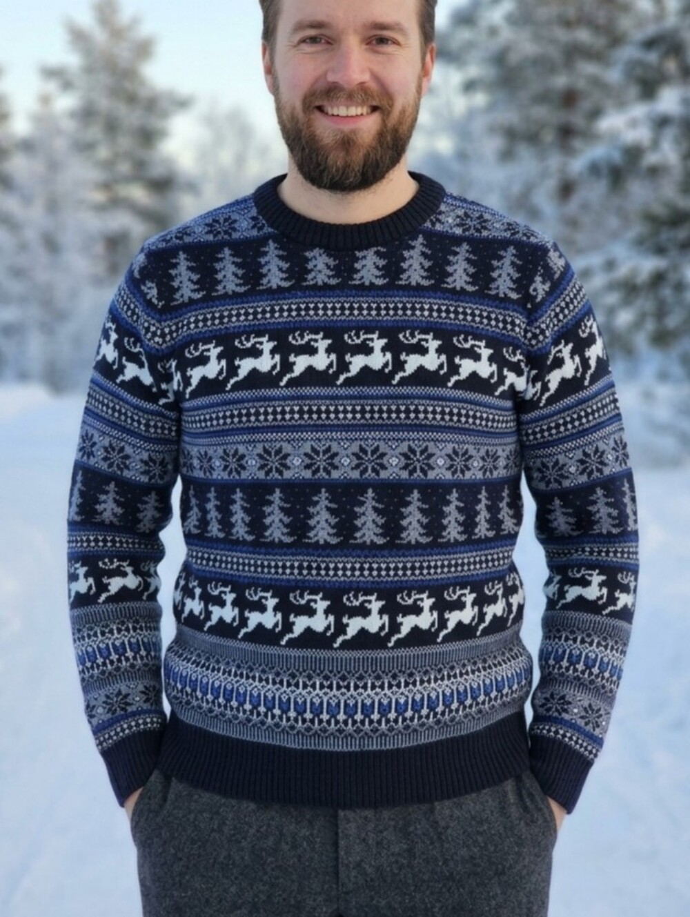 Aspen Men’s Sweater Reindeer Snowflake Fair Isle Gray Blue Christmas Large L